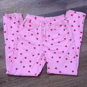 High Rise Pink Jeans with Red Hearts